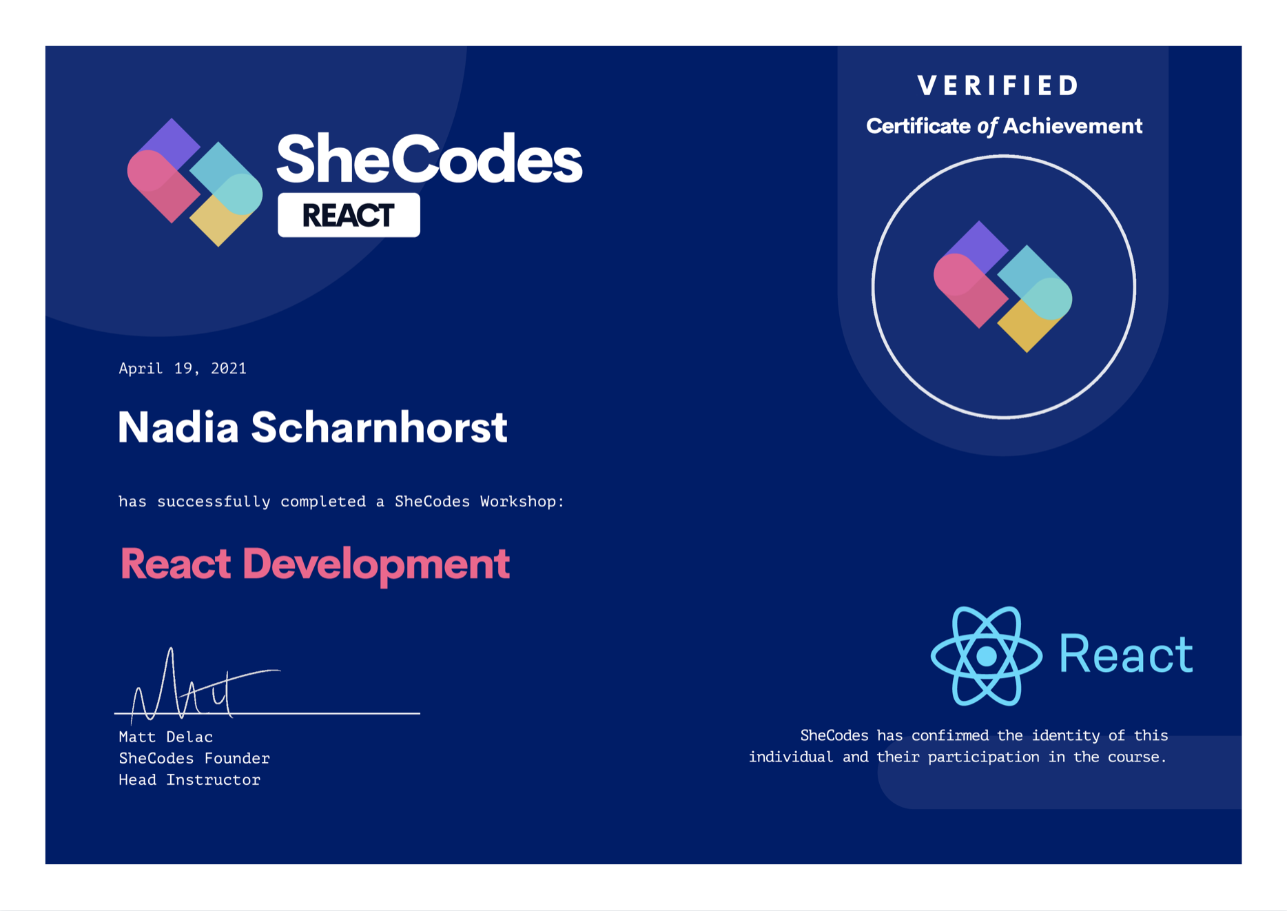 SheCodes React Certificate